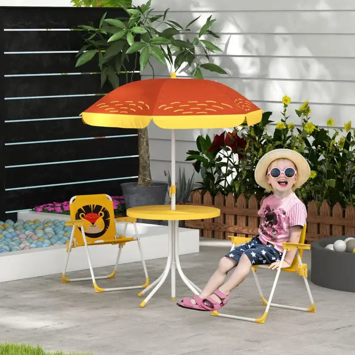 Four-Piece Kids Garden Set with Lion Umbrella | Table, Chairs and Parasol OUTSUNNY - Little and Giant Explorers Outsunny