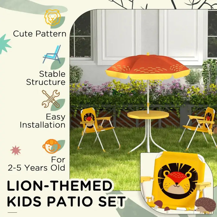 Four-Piece Kids Garden Set with Lion Umbrella | Table, Chairs and Parasol OUTSUNNY - Little and Giant Explorers Outsunny