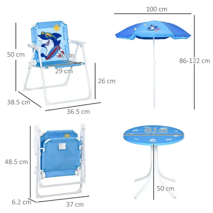 Four-Piece Kids Garden Set with Shark Umbrella | Table, Chairs and Parasol OUTSUNNY - Little and Giant Explorers Outsunny