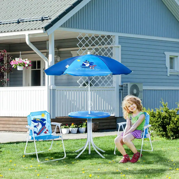 Four-Piece Kids Garden Set with Shark Umbrella | Table, Chairs and Parasol OUTSUNNY - Little and Giant Explorers Outsunny