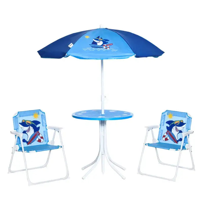Four-Piece Kids Garden Set with Shark Umbrella | Table, Chairs and Parasol OUTSUNNY - Little and Giant Explorers Outsunny