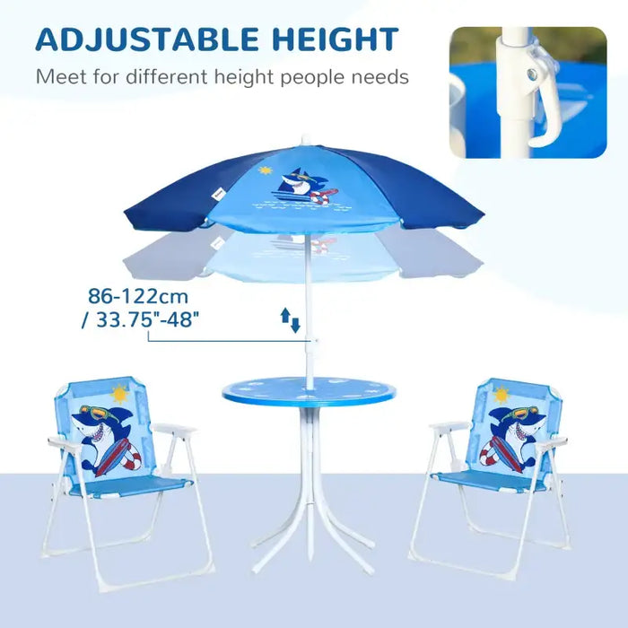 Four-Piece Kids Garden Set with Shark Umbrella | Table, Chairs and Parasol OUTSUNNY - Little and Giant Explorers Outsunny