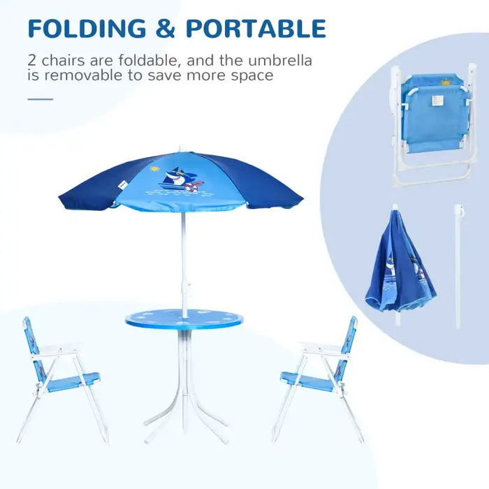 Four-Piece Kids Garden Set with Shark Umbrella | Table, Chairs and Parasol OUTSUNNY - Little and Giant Explorers Outsunny
