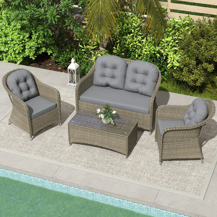 Four-Piece Rattan Sofa Set with Glass Top Table in Light Grey - Little and Giant Explorers Outsunny