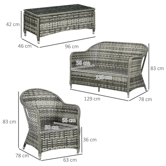 Four-Piece Rattan Sofa Set with Glass Top Table in Orange - Little and Giant Explorers Outsunny