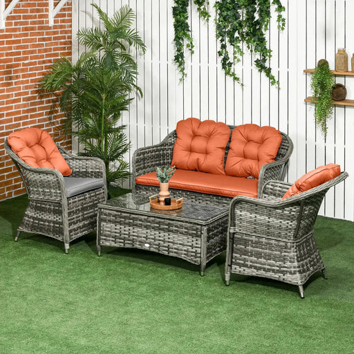 Four-Piece Rattan Sofa Set with Glass Top Table in Orange - Little and Giant Explorers Outsunny