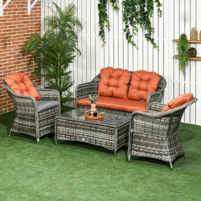 Four-Piece Rattan Sofa Set with Glass Top Table in Orange - Little and Giant Explorers Outsunny