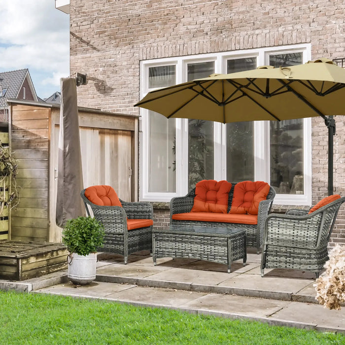 Four-Piece Rattan Sofa Set with Glass Top Table in Orange - Little and Giant Explorers Outsunny