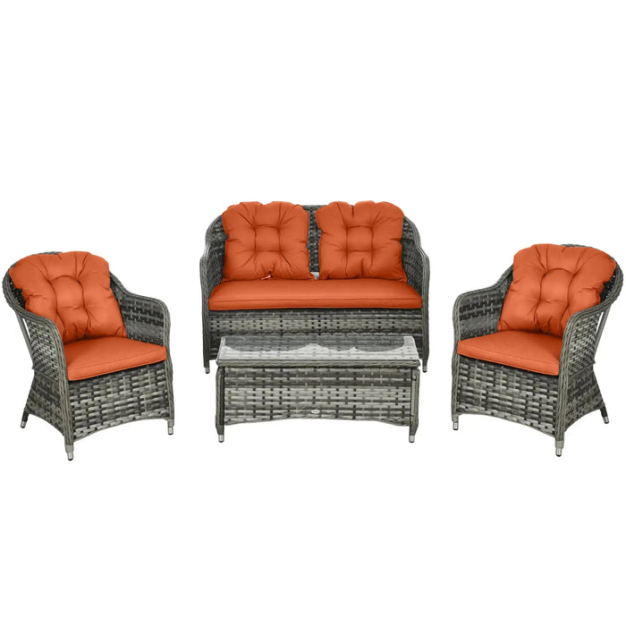 Four-Piece Rattan Sofa Set with Glass Top Table in Orange - Little and Giant Explorers Outsunny