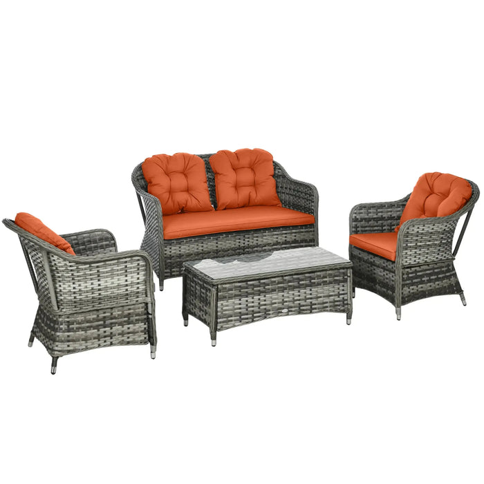 Four-Piece Rattan Sofa Set with Glass Top Table in Orange - Little and Giant Explorers Outsunny