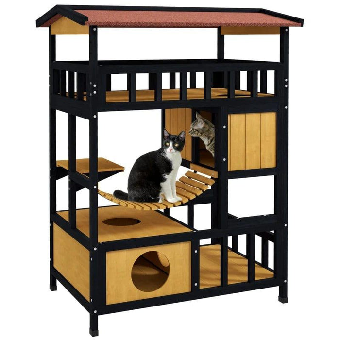 Four-Tier Outdoor Wooden Cat House With Bridge, Balcony & Escape Doors - Little and Giant Explorers PawHut