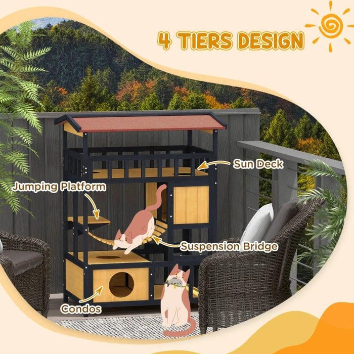 Four-Tier Outdoor Wooden Cat House With Bridge, Balcony & Escape Doors - Little and Giant Explorers PawHut