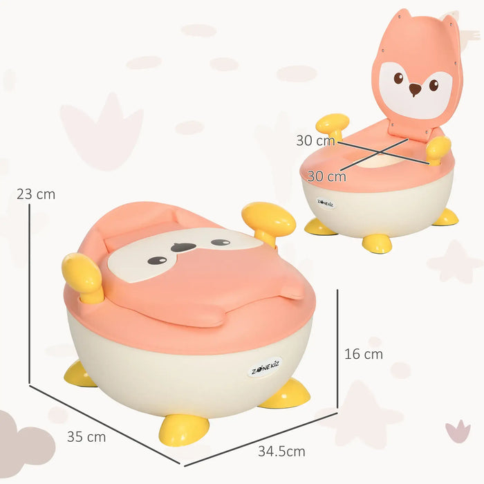 Children's potty chair with measurements on a light background