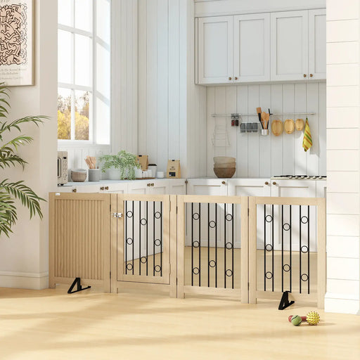 Freestanding 4-Panel Pet Gate – Oak | Walk-Through Door and Non-Slip Feet PAWHUT - Little and Giant Explorers PawHut