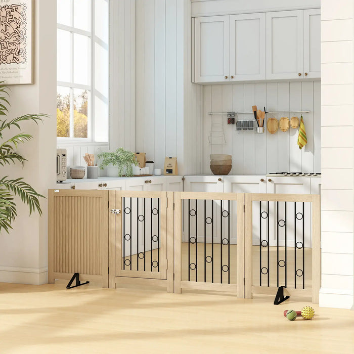 Freestanding 4-Panel Pet Gate – Oak | Walk-Through Door and Non-Slip Feet PAWHUT - Little and Giant Explorers PawHut