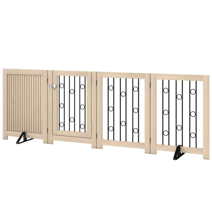 Freestanding 4-Panel Pet Gate – Oak | Walk-Through Door and Non-Slip Feet PAWHUT - Little and Giant Explorers PawHut