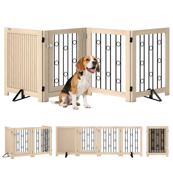 Freestanding 4-Panel Pet Gate – Oak | Walk-Through Door and Non-Slip Feet PAWHUT - Little and Giant Explorers PawHut