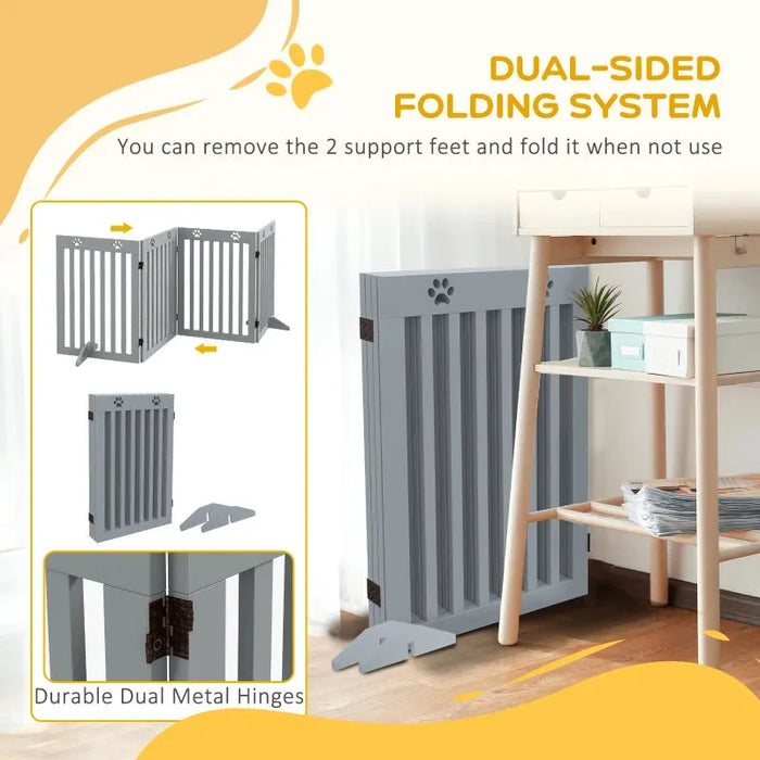 Freestanding Foldable Wooden Pet Gate with Support Feet in Grey - Little and Giant Explorers PawHut