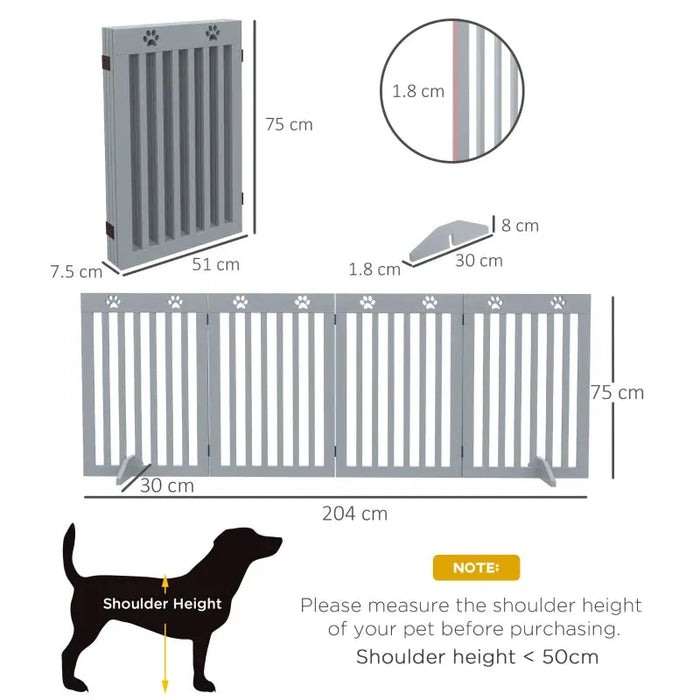 Freestanding Foldable Wooden Pet Gate with Support Feet in Grey - Little and Giant Explorers PawHut