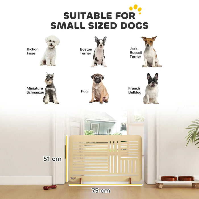Suitable for small-sized dogs with breeds listed and a product measurement shown.