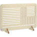 Beige radiator cover with slatted design on a white background