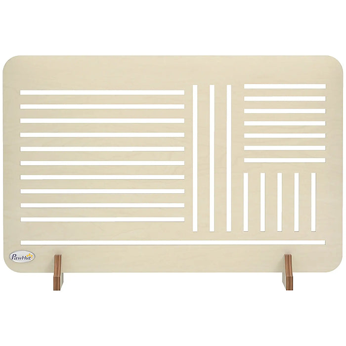 Beige pet gate with slatted design on a white background