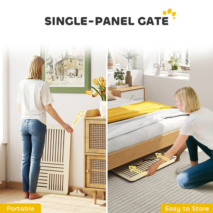 Woman using a single-panel gate in a bedroom setting with text highlighting features.