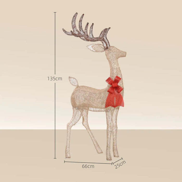 135cm tall glittery Christmas reindeer decoration with a large red bow on beige background