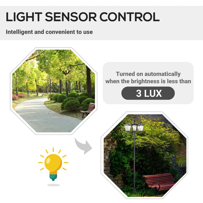 Light sensor control feature with daytime park path and nighttime illuminated street lamp by bench