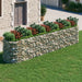 Gabion raised bed with galvanized iron and rock fill, planted with green shrubs and red flowers in a garden.