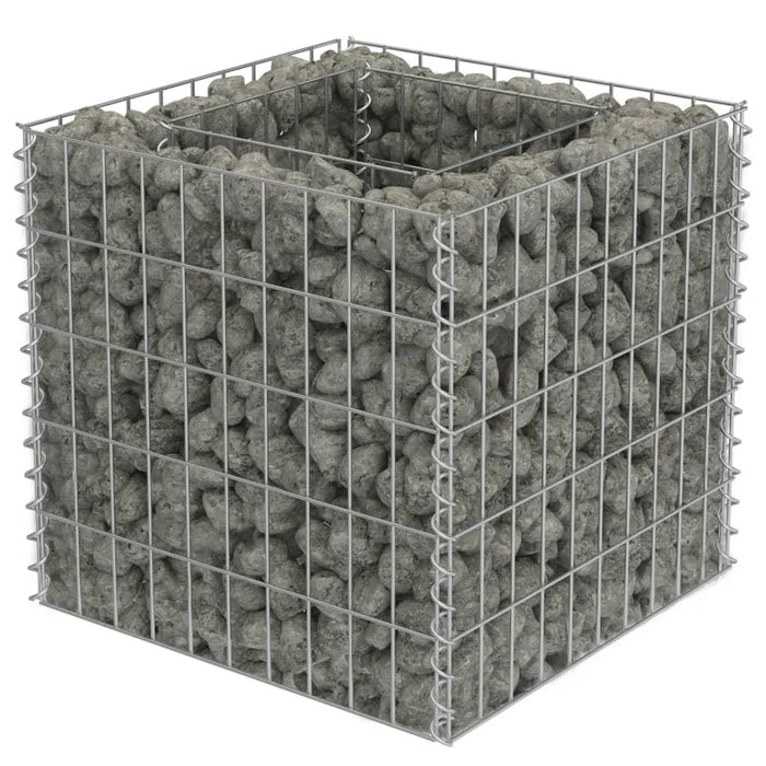 Square gabion raised bed with silver galvanized steel mesh filled with rocks