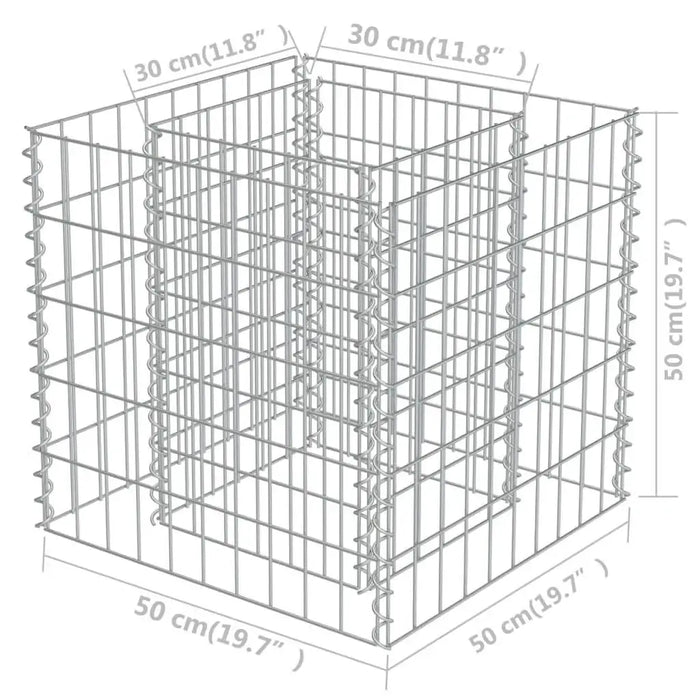 Square gabion raised bed made of silver galvanized steel mesh, showing labeled dimensions.