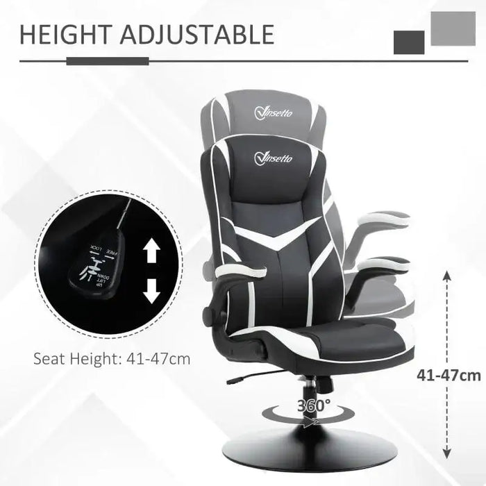 Black and white faux leather gaming chair with adjustable height and flip-up armrests