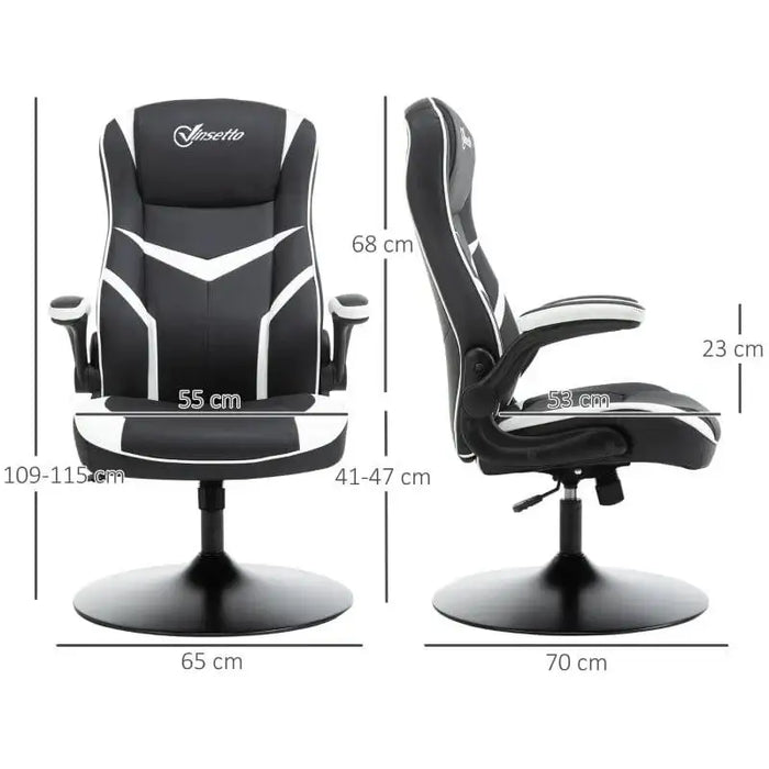 Black and white faux leather gaming chair with flip-up armrests, adjustable height, size dimensions shown.