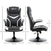 Black and white faux leather gaming chair with flip-up armrests, adjustable height, size dimensions shown.