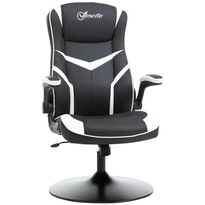 Black and white faux leather gaming chair with flip-up armrests and round base