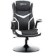 Black and white faux leather gaming chair with flip-up armrests and round base