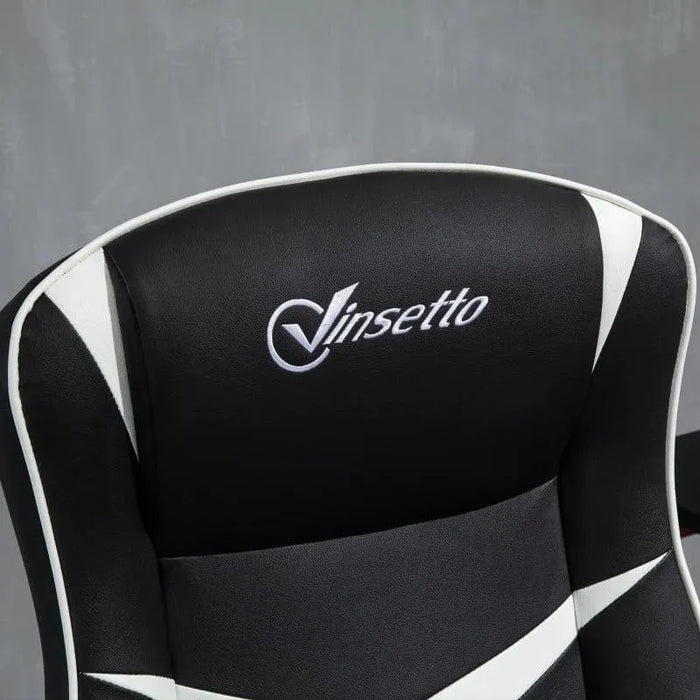 Vinsetto gaming chair black and white faux leather close-up with logo on backrest