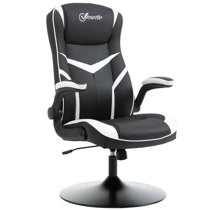 Black and white faux leather gaming chair with flip-up armrests and adjustable height