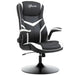 Black and white faux leather gaming chair with flip-up armrests and adjustable height