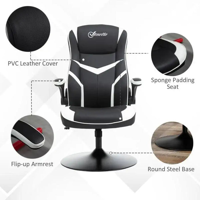 Black and white faux leather gaming chair with flip-up armrests and round steel base.