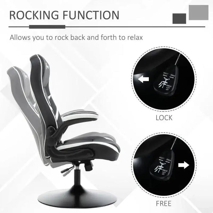 Black and white faux leather gaming chair with adjustable height and flip-up armrests