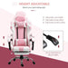 Pink and white PVC leather gaming chair with footrest, adjustable height, head and lumbar pillows.