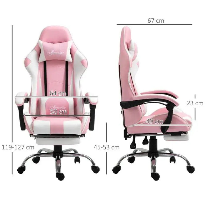 Pink and white PVC leather gaming chair with footrest, recline, and size measurements