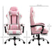 Pink and white PVC leather gaming chair with footrest, recline, and size measurements