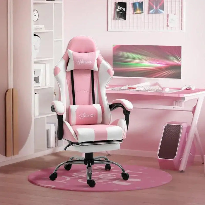 Pink and white gaming chair with footrest in modern pink gaming room by desk
