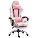 Pink and white PVC leather gaming chair with footrest, recline, neck and lumbar cushions