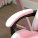 Close-up of pink and white PVC leather gaming chair armrest and seat in a home office.