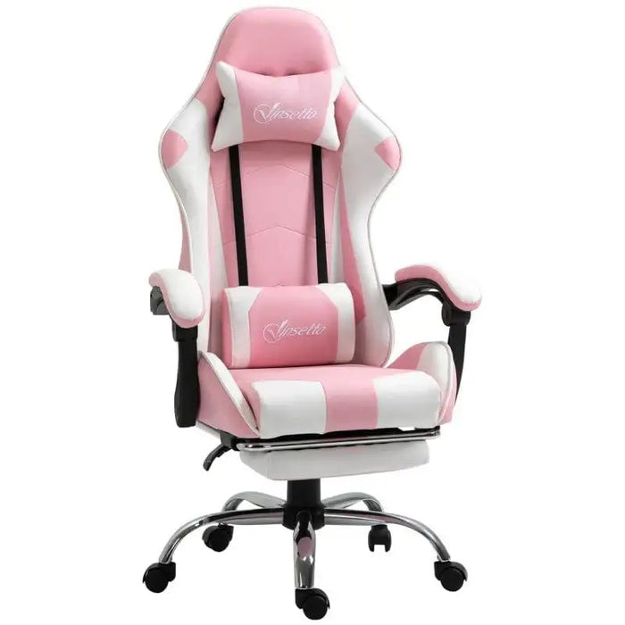 Pink and white PVC leather gaming chair with footrest, neck and lumbar cushions