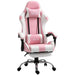 Pink and white PVC leather gaming chair with footrest, neck and lumbar cushions